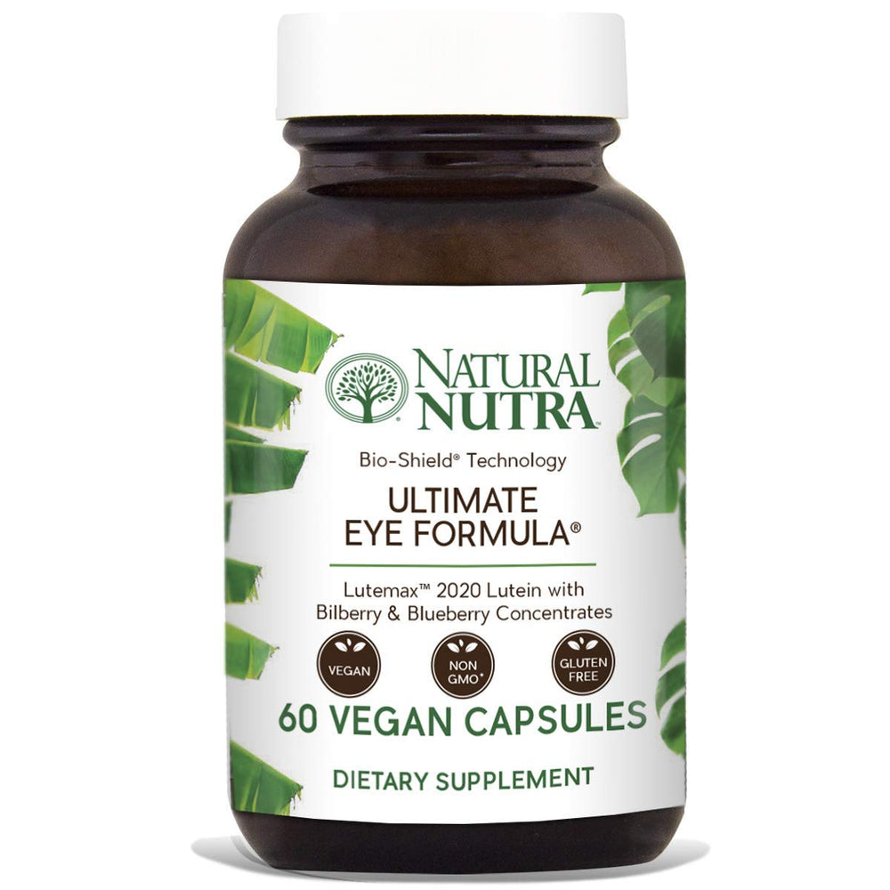 Natural Nutra Eye Health bottle and capsule emphasizing Bilberry & Blueberry blend