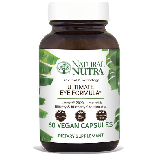 Natural Nutra Eye Health bottle and capsule emphasizing Bilberry & Blueberry blend