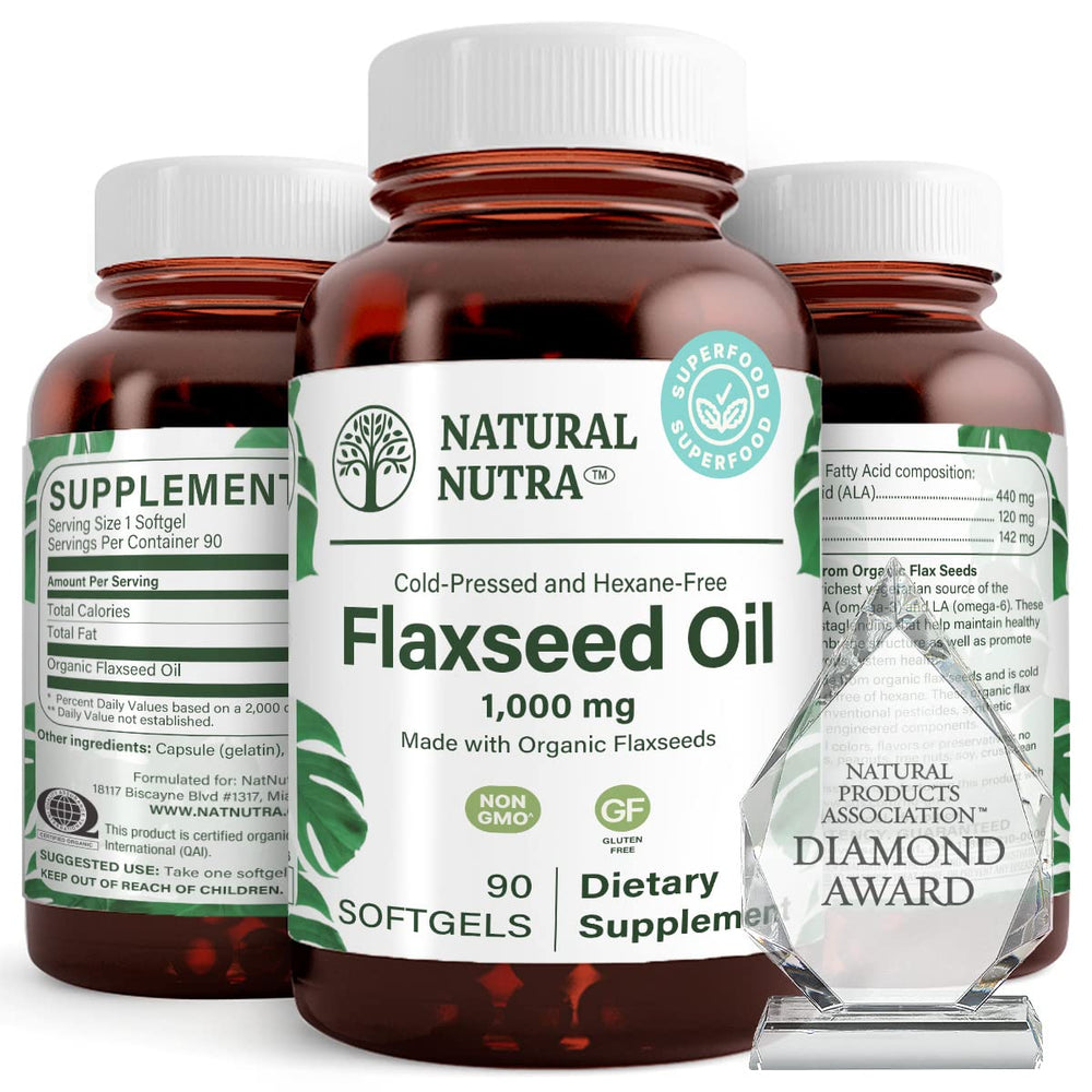 Natural Nutra Flaxseed Oil Softgels bottle with 90 capsules