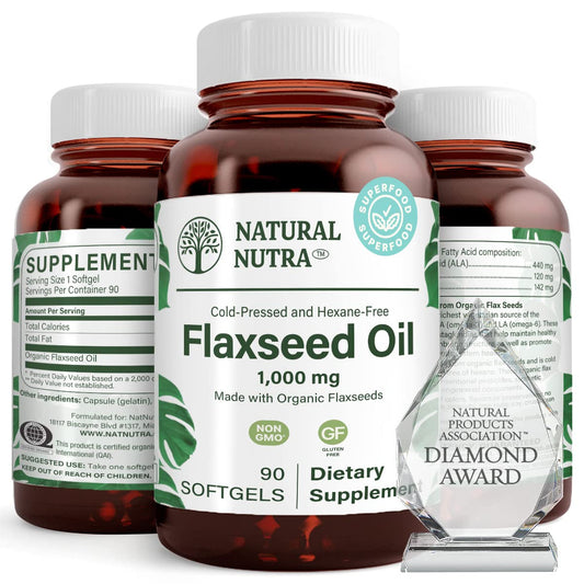 Natural Nutra Flaxseed Oil Softgels bottle with 90 capsules