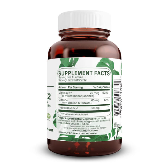 K2 capsules close-up showing 75 mcg per capsule