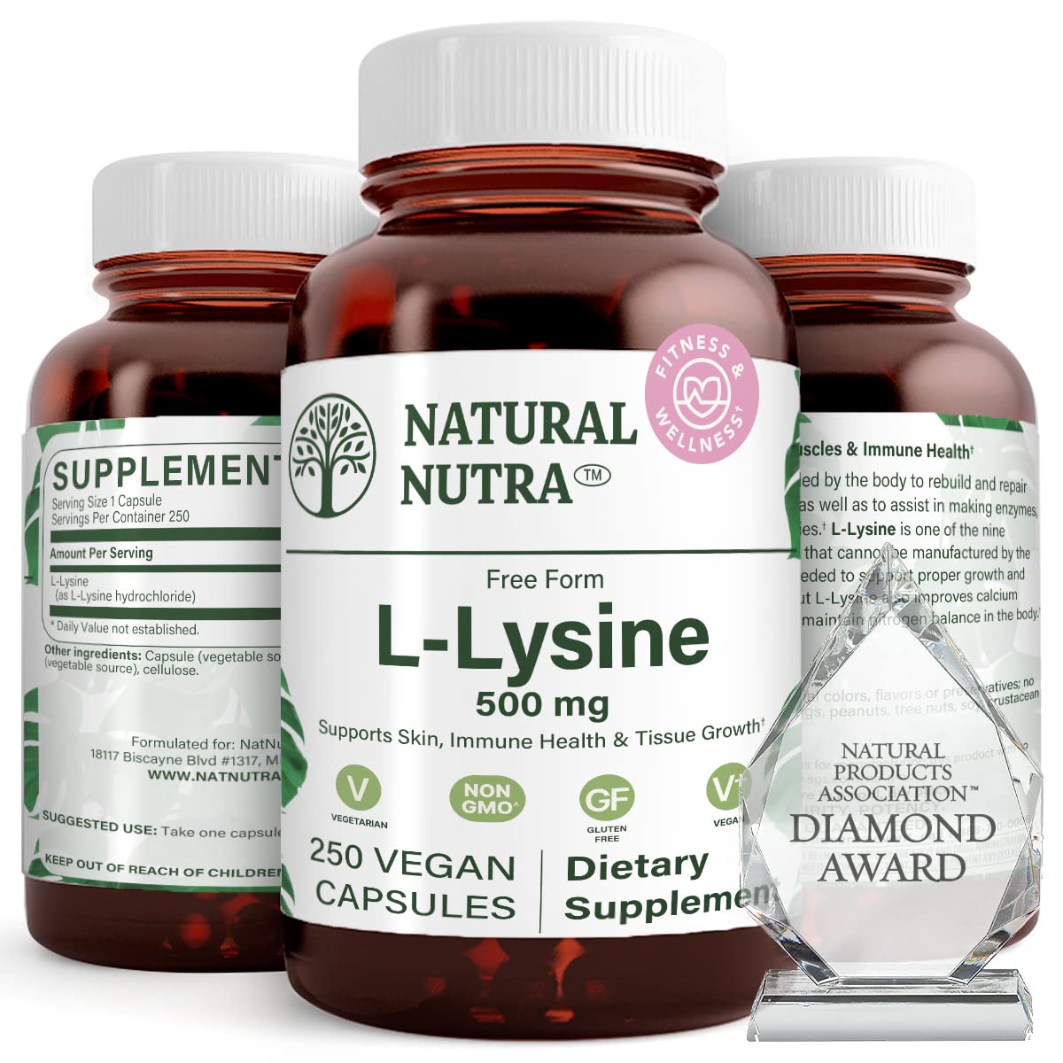 Amber glass bottle containing 250 capsules of Natural Nutra L Lysine HCl 500 mg
