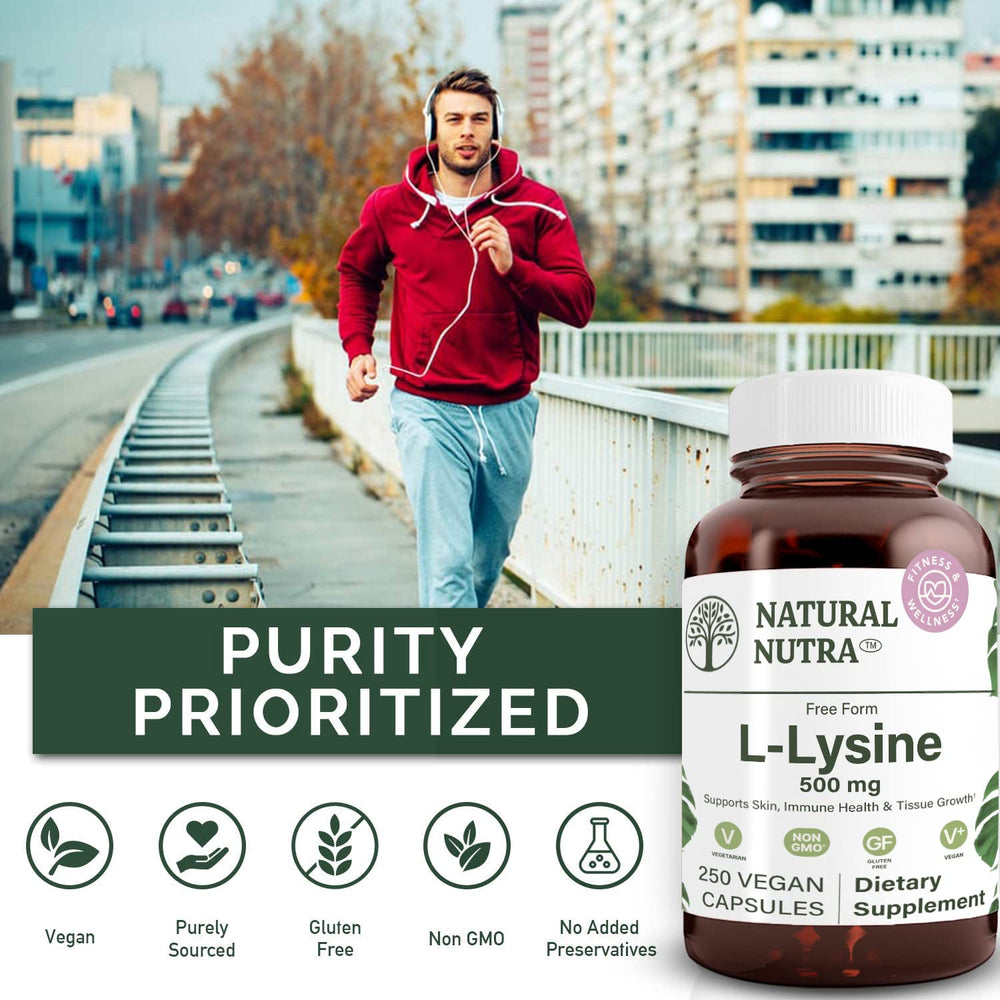 Amber glass bottle with Natural Nutra L Lysine HCl 500 mg label