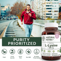 Amber glass bottle with Natural Nutra L Lysine HCl 500 mg label