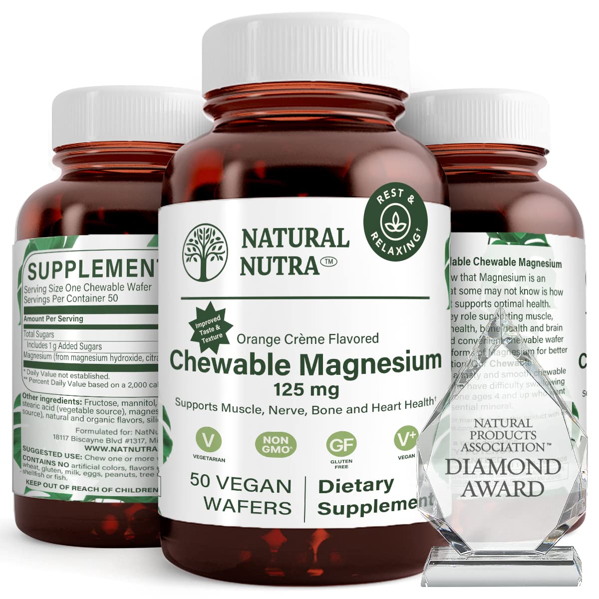 Front view of Natural Nutra Magnesium Chewable bottle with label