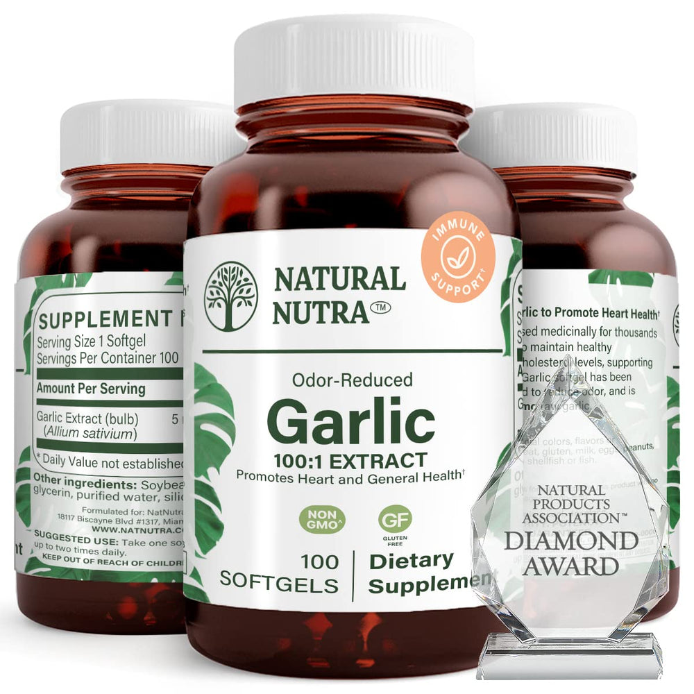 Natural Nutra Odorless Garlic Oil Softgel bottle on a surface