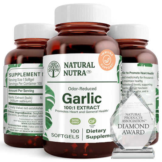 Natural Nutra Odorless Garlic Oil Softgel bottle on a surface