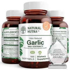 Natural Nutra Odorless Garlic Oil Softgel bottle on a surface