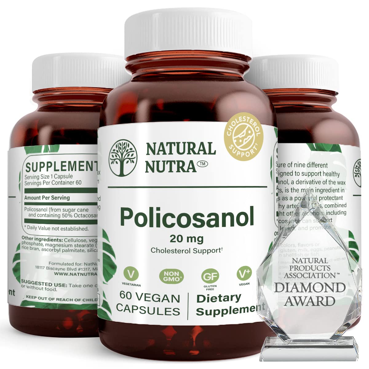 Amber glass bottle of Natural Nutra Policosanol 20mg with 60 vegan capsules.
