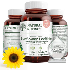 Front view of Natural Nutra Sunflower Lecithin 2000 mg amber glass bottle