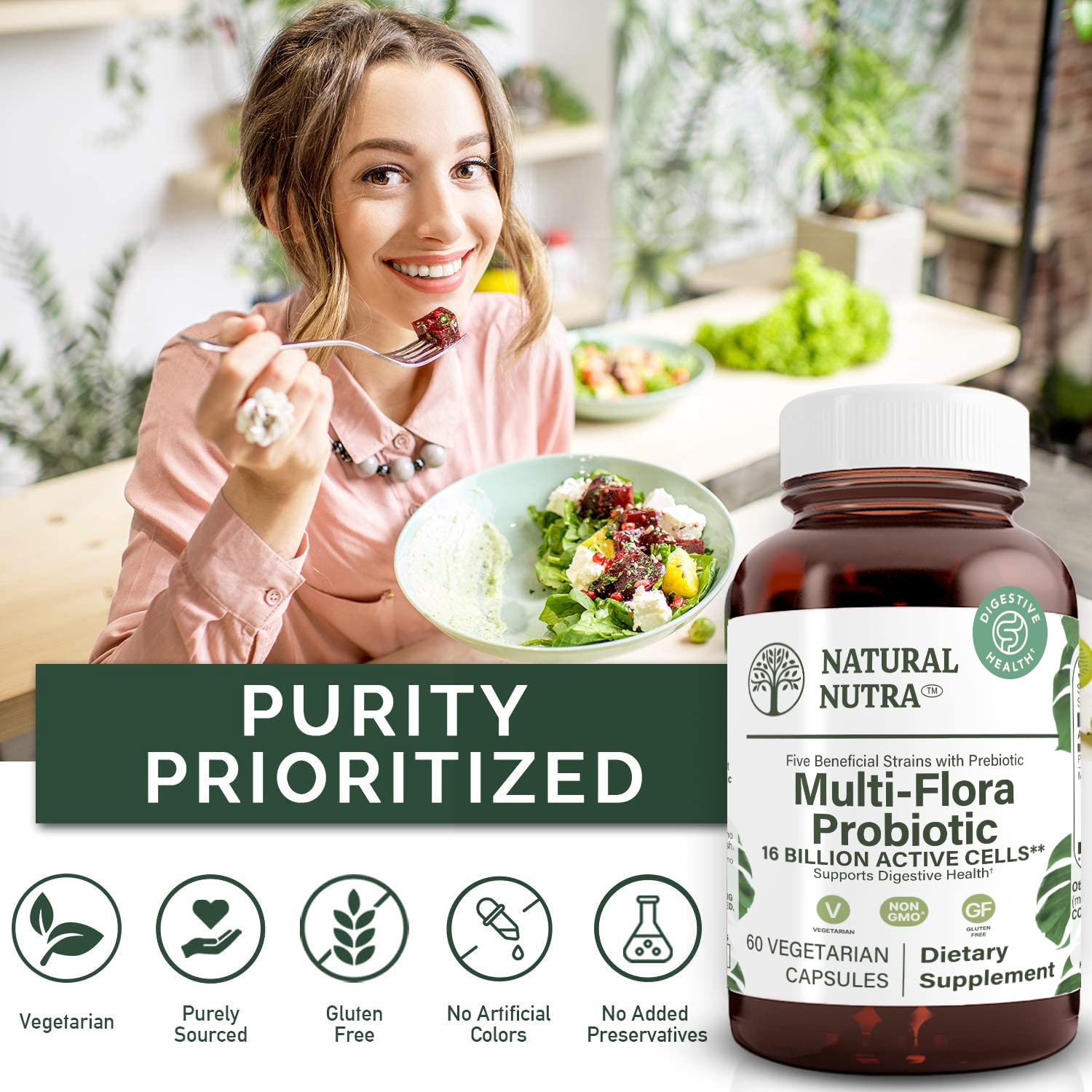 Amber glass bottle with BPA-free, recyclable packaging