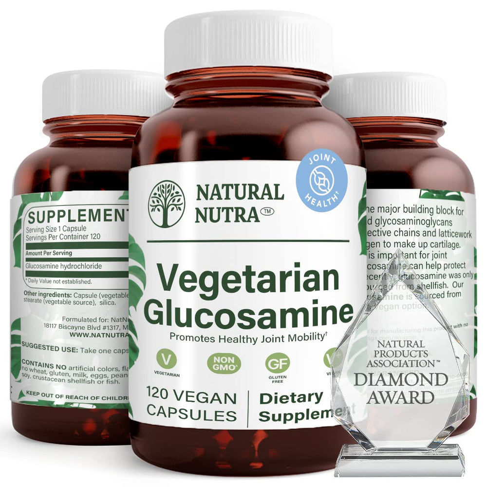 Front view of Natural Nutra vegan Glucosamine Hydrochloride 750mg 120 capsules package