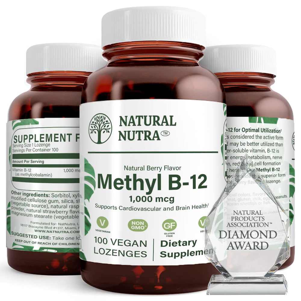 Berry-flavored vegan methyl B12 lozenges bottle label