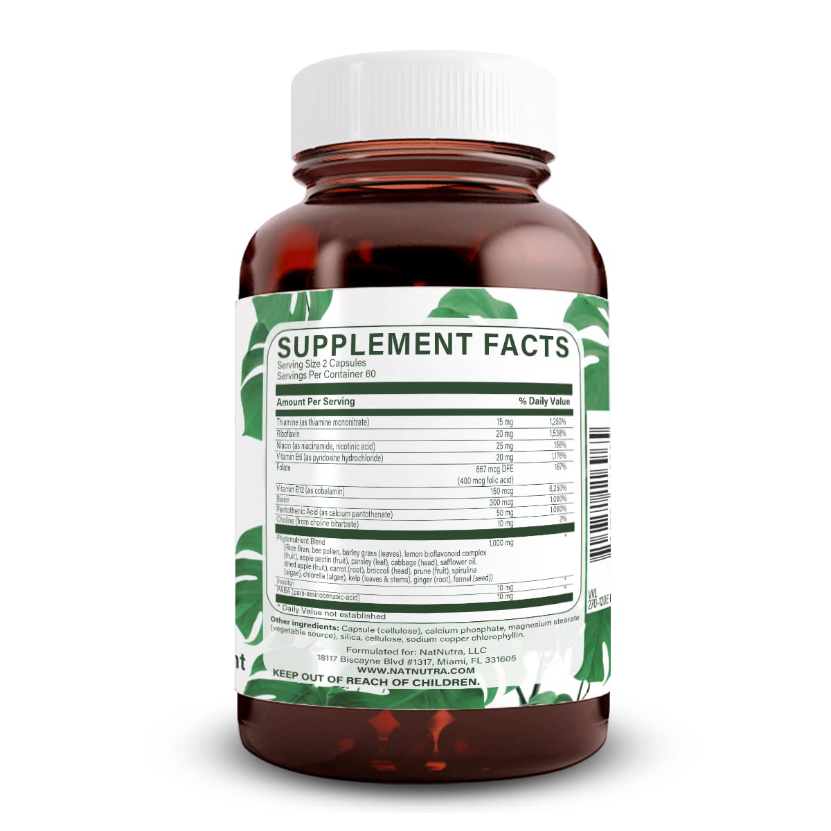 Back label showing nutrition facts for Natural Nutra Vitamin B Complex.