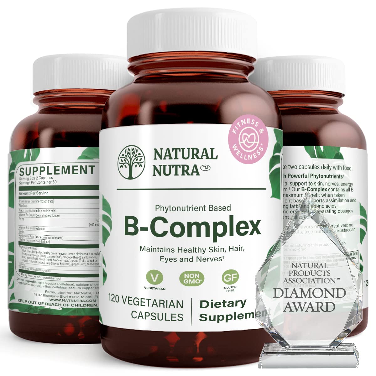Front view of Natural Nutra Vitamin B Complex bottle with 120 vegetarian capsules.