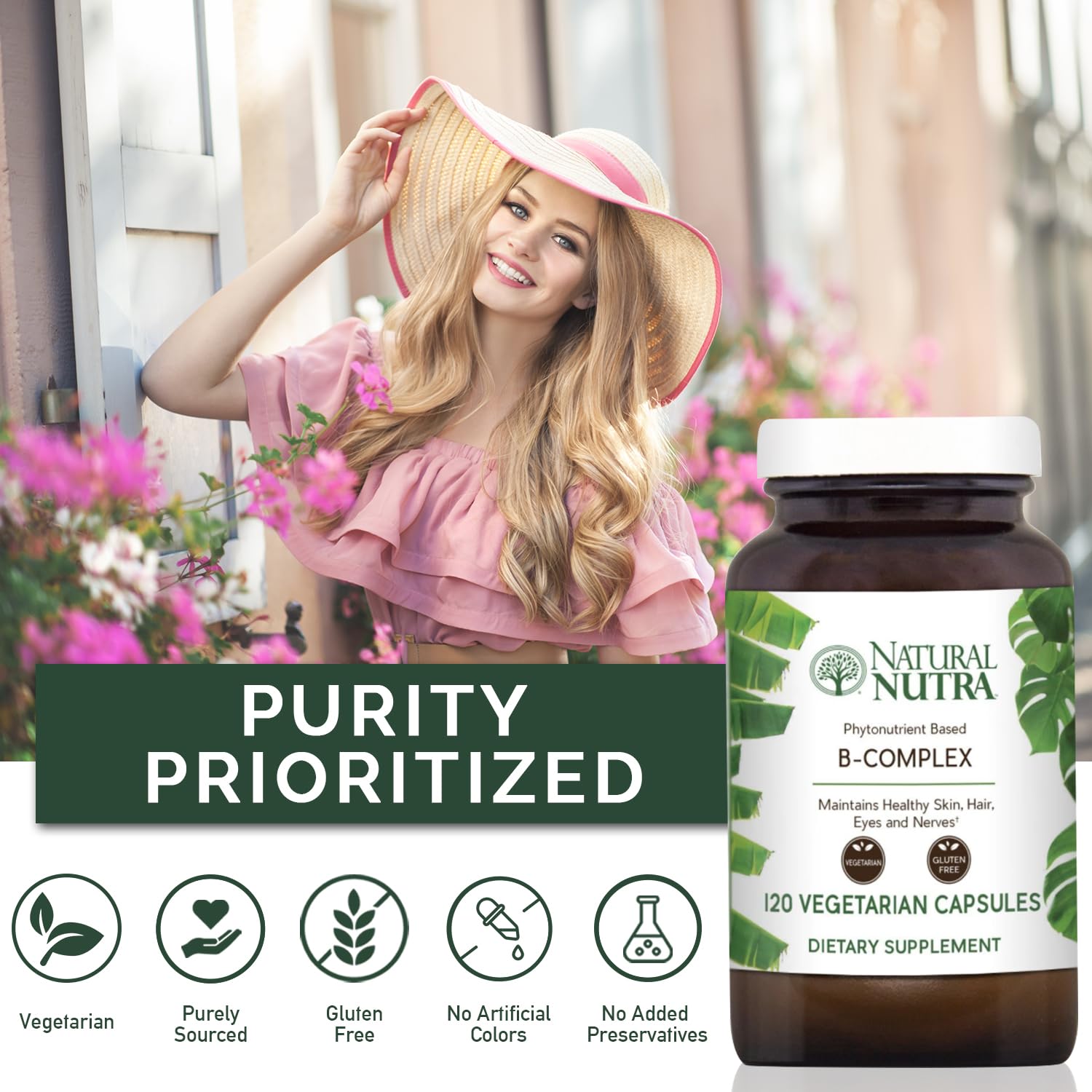 Amber glass bottle of Natural Nutra Vitamin B Complex.
