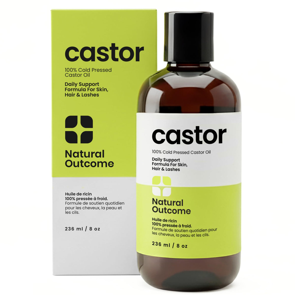Natural Outcome castor oil in an amber bottle protecting nutrients from light for freshness.