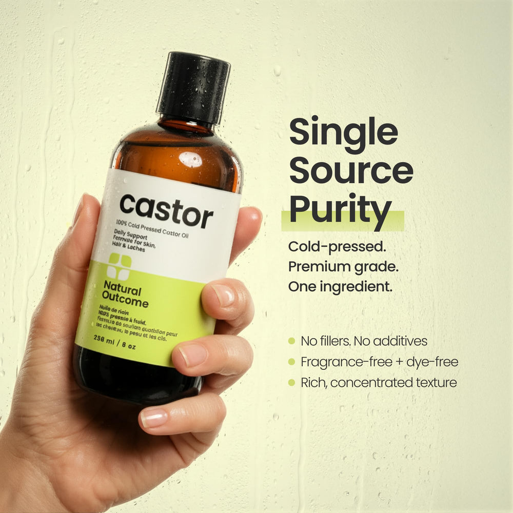 Natural Outcome castor oil nourishes dry skin and helps retain moisture.