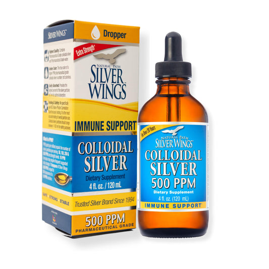 Natural Path Silver Wings Colloidal Silver 500ppm bottle in amber glass