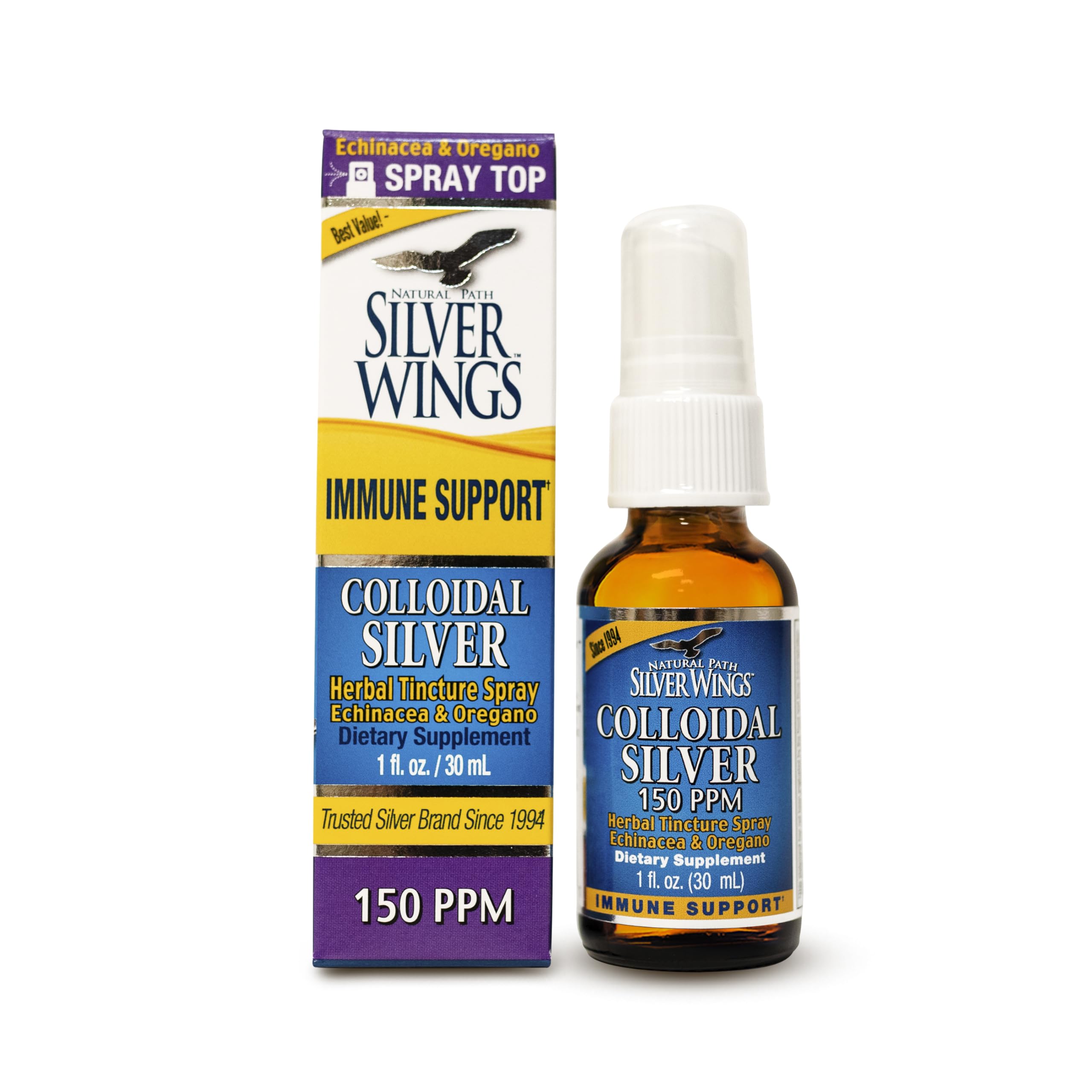 Amber glass bottle of Natural Path Silver Wings colloidal silver 150ppm in 1 oz spray
