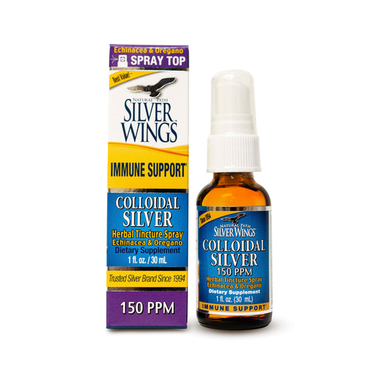 Amber glass bottle of Natural Path Silver Wings colloidal silver 150ppm in 1 oz spray