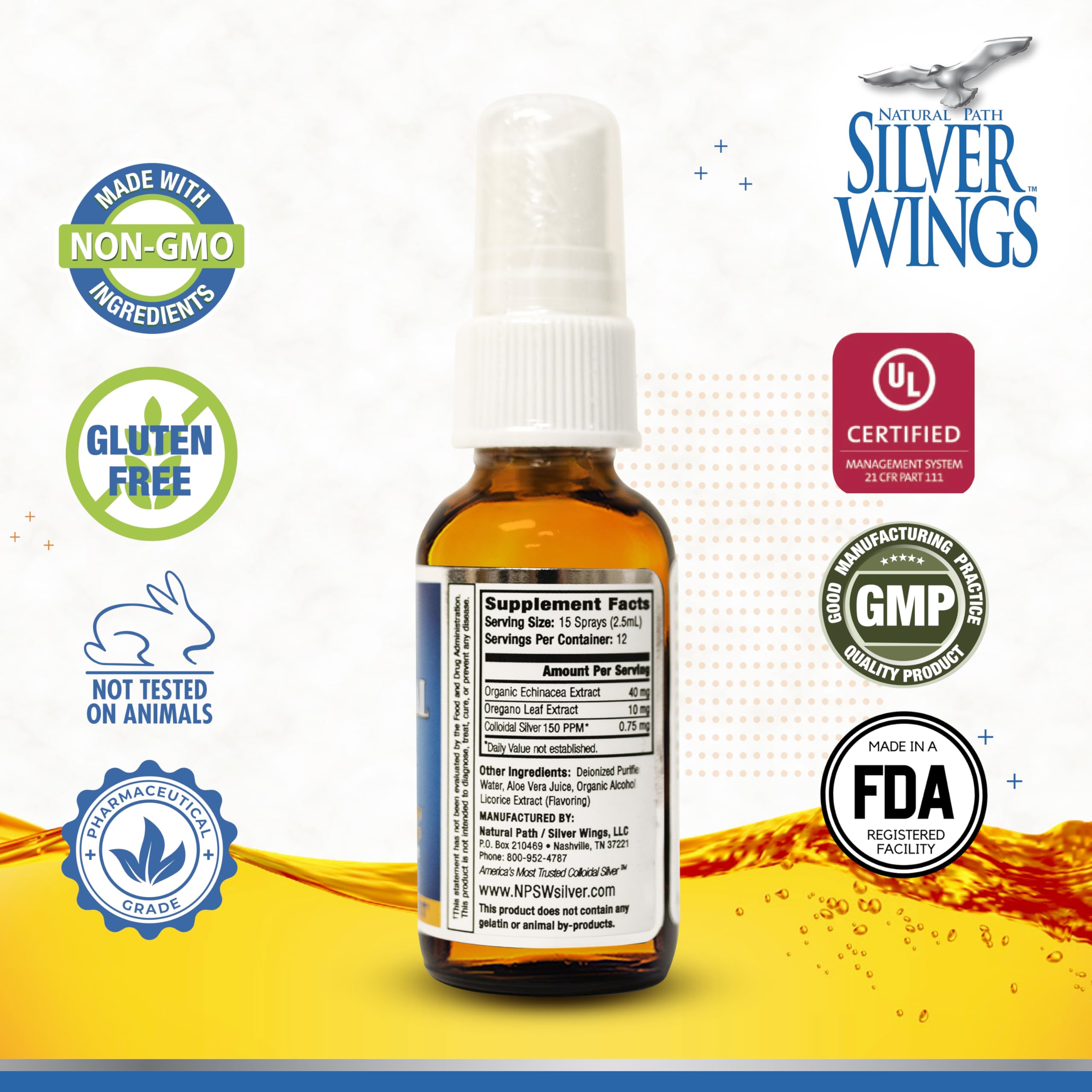 Label of Natural Path Silver Wings colloidal silver with 150ppm and herbal blend