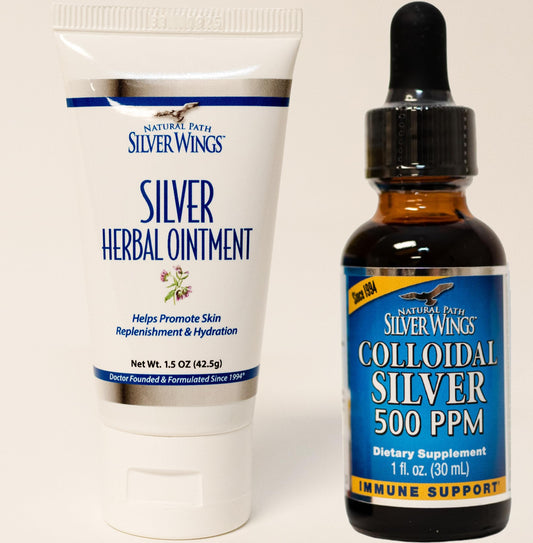 Amber glass bottle of Natural Path Silver Wings Colloidal Silver 500 ppm (1 oz)
