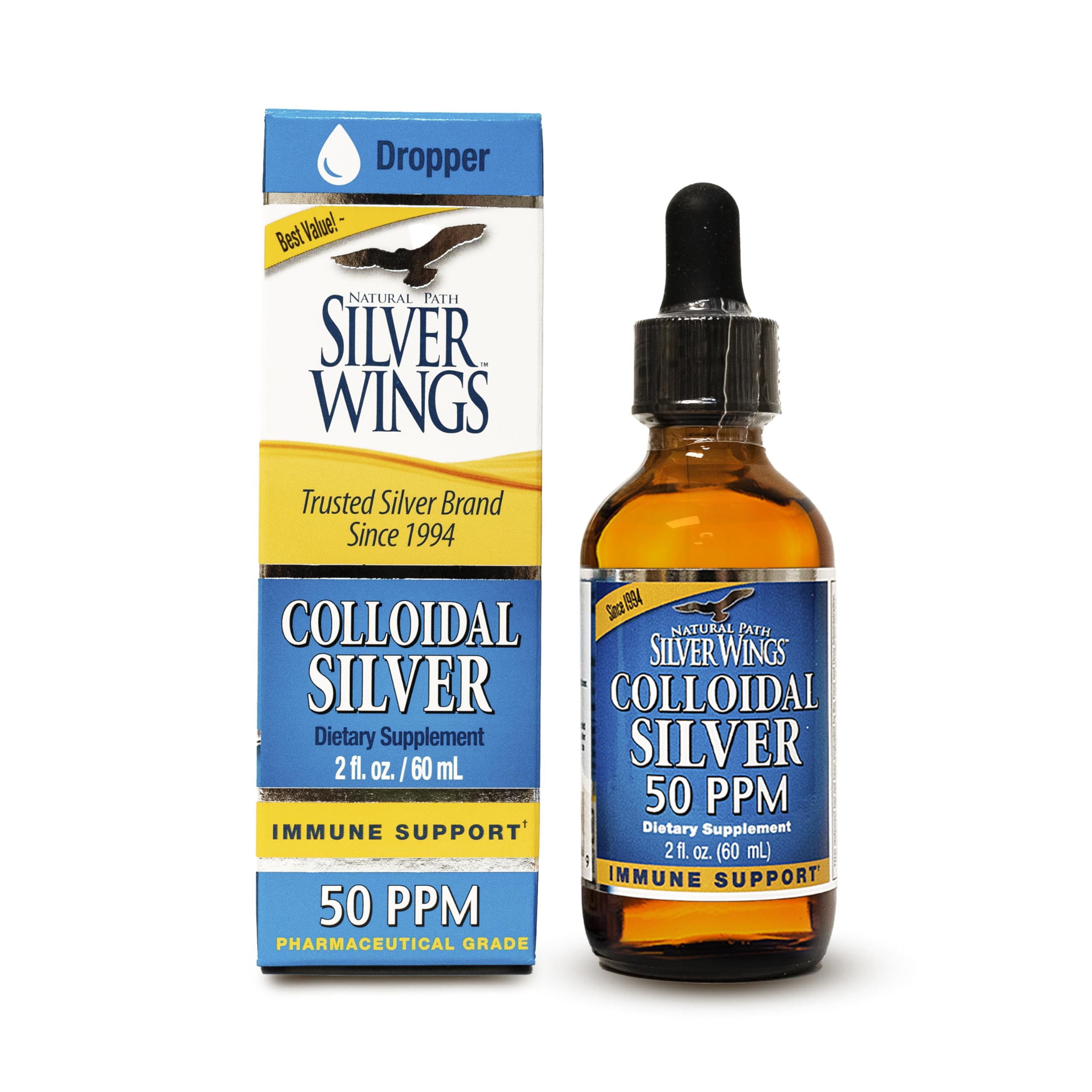 Front view of Natural Path Silver Wings Colloidal Silver 50ppm 2 oz dropper bottle
