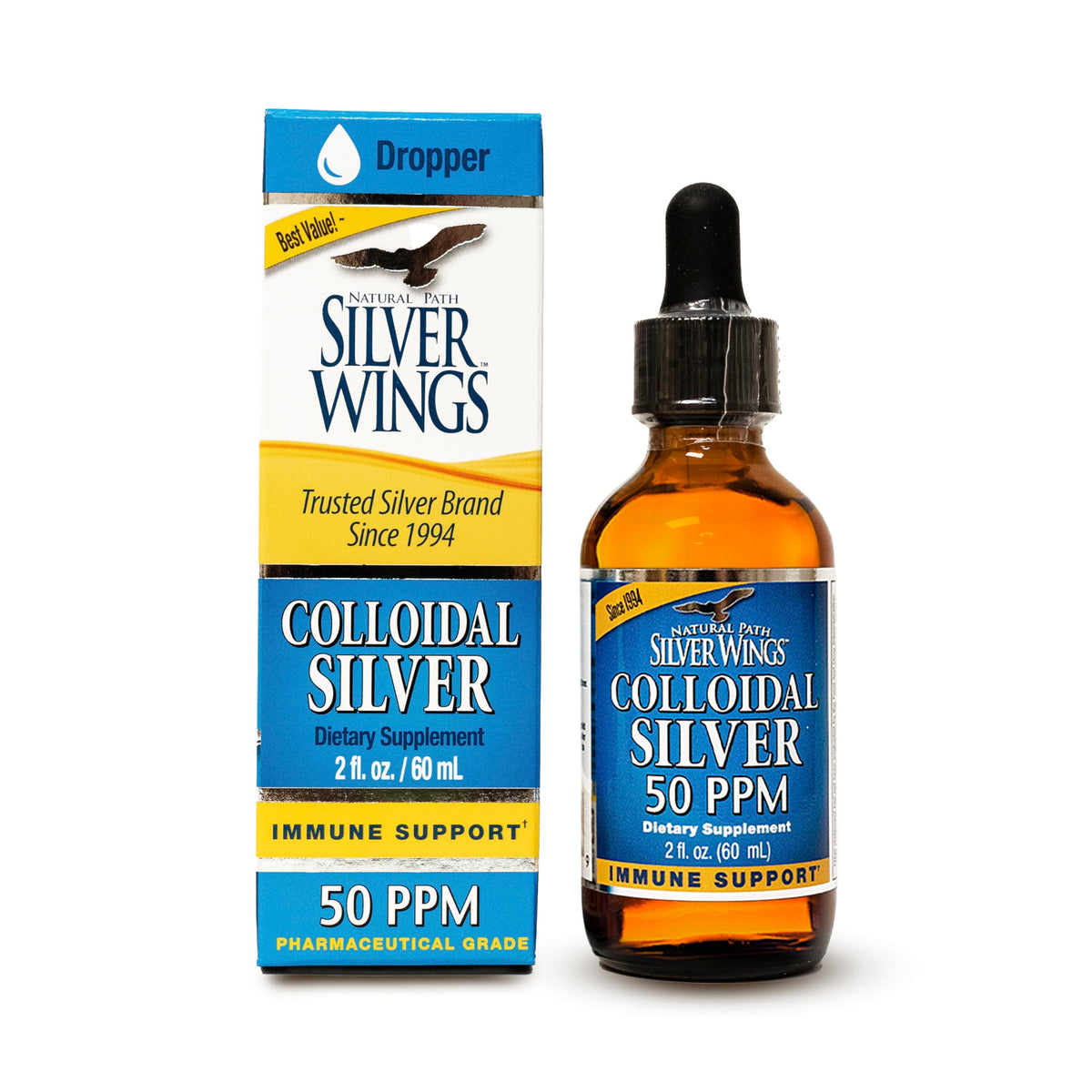 Front view of Natural Path Silver Wings Colloidal Silver 50ppm 2 oz dropper bottle