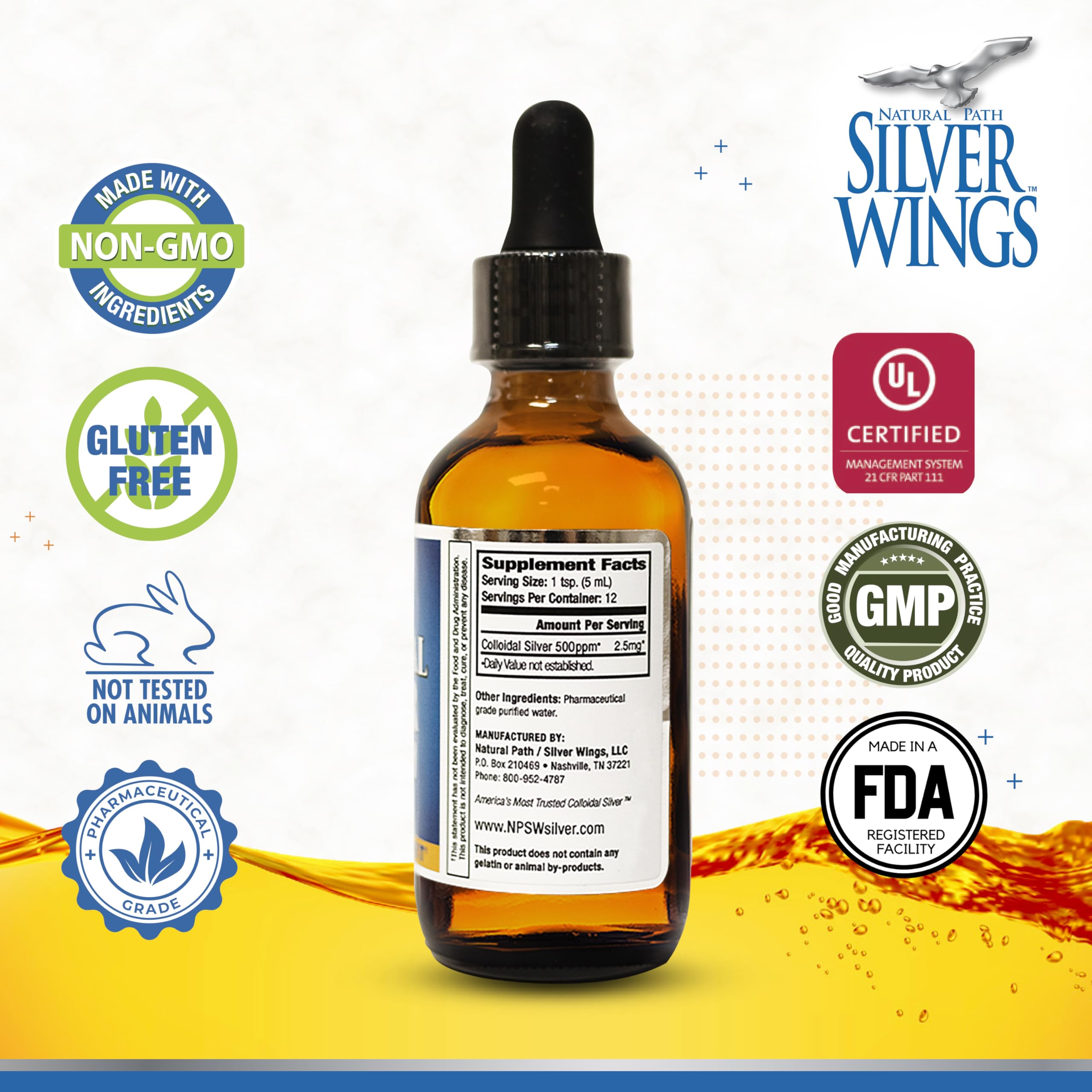 Amber glass bottle of Natural Path Silver Wings colloidal silver 500ppm
