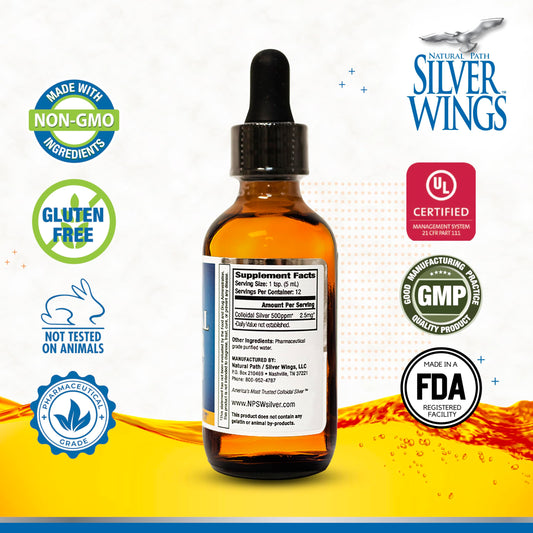Amber glass bottle of Natural Path Silver Wings colloidal silver 500ppm