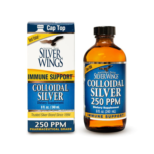 Natural Path Silver Wings Colloidal Silver Liquid in an amber glass bottle with label