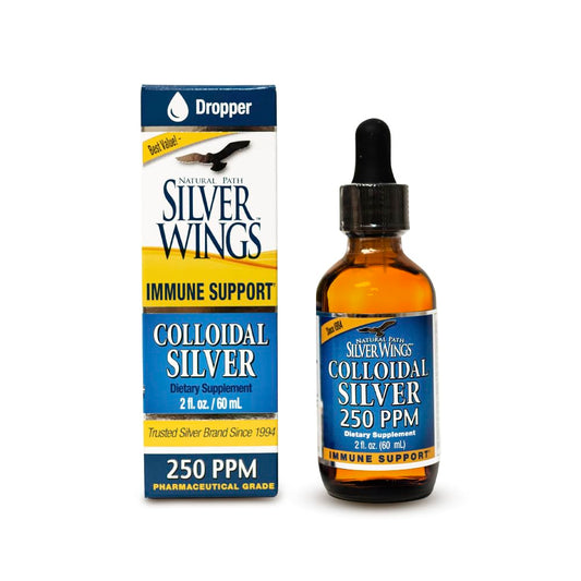 Amber glass bottle of Natural Path Silver Wings colloidal silver liquid 250ppm