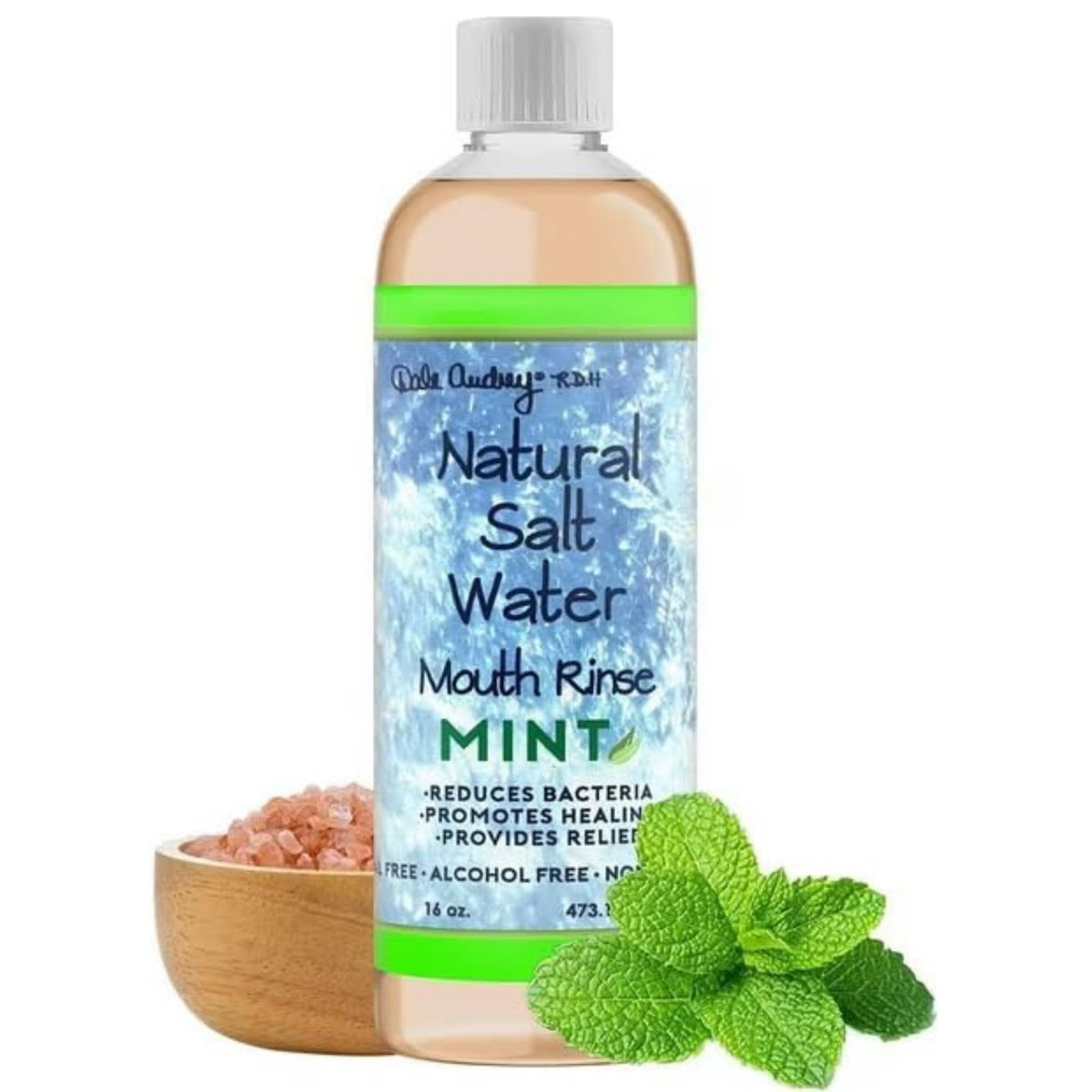 Dale Audrey Natural Pink Himalayan Saltwater Mouth Rinse bottle with mint label