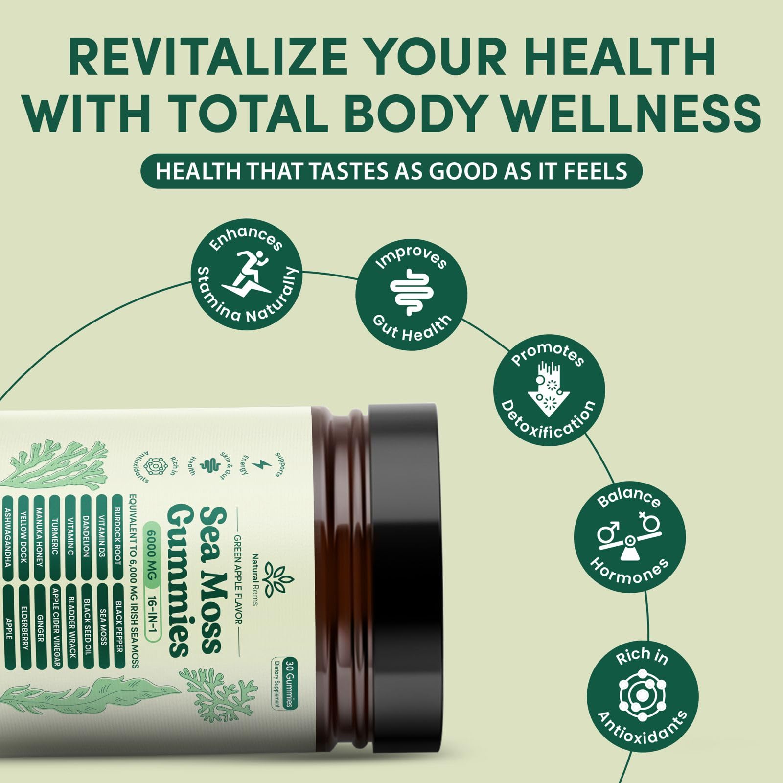 Graphic illustration of the 16-in-1 ingredients in Natural Rems gummies