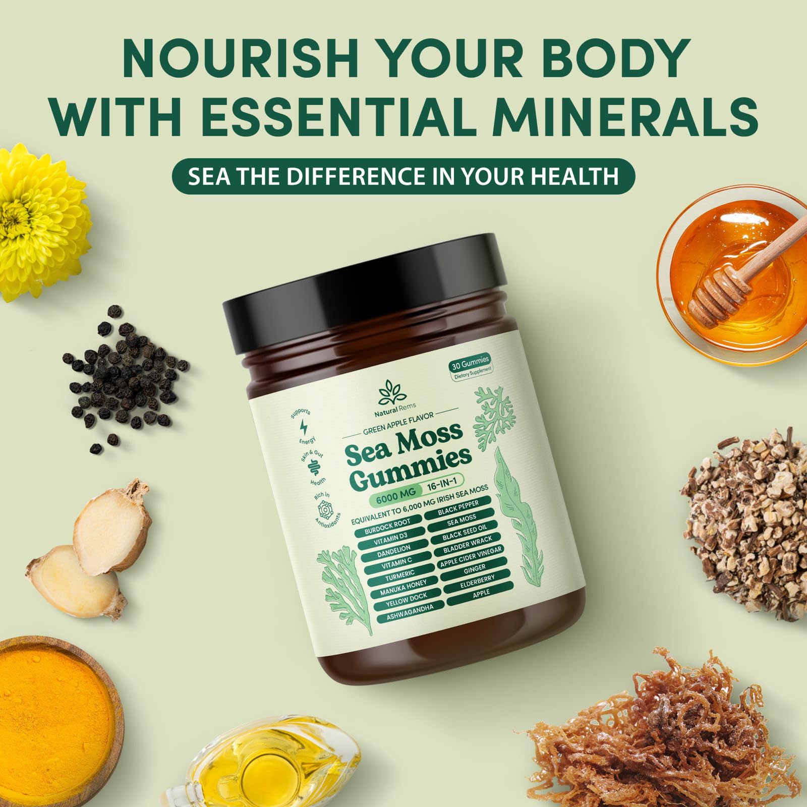 Natural Rems Sea Moss Gummies ingredients scene showcases the 16-in-1 blend for wellness