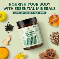 Natural Rems Sea Moss Gummies ingredients scene showcases the 16-in-1 blend for wellness