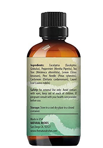 Ingredients of Natural Riches Breathe blend: eucalyptus, peppermint, tea tree, lemon, pine needle, cardamom, laurel leaf