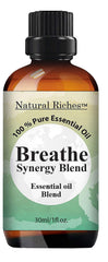 30 ml bottle of Natural Riches Breathe Essential Oil Blend with peppermint eucalyptus tea tree and lemon