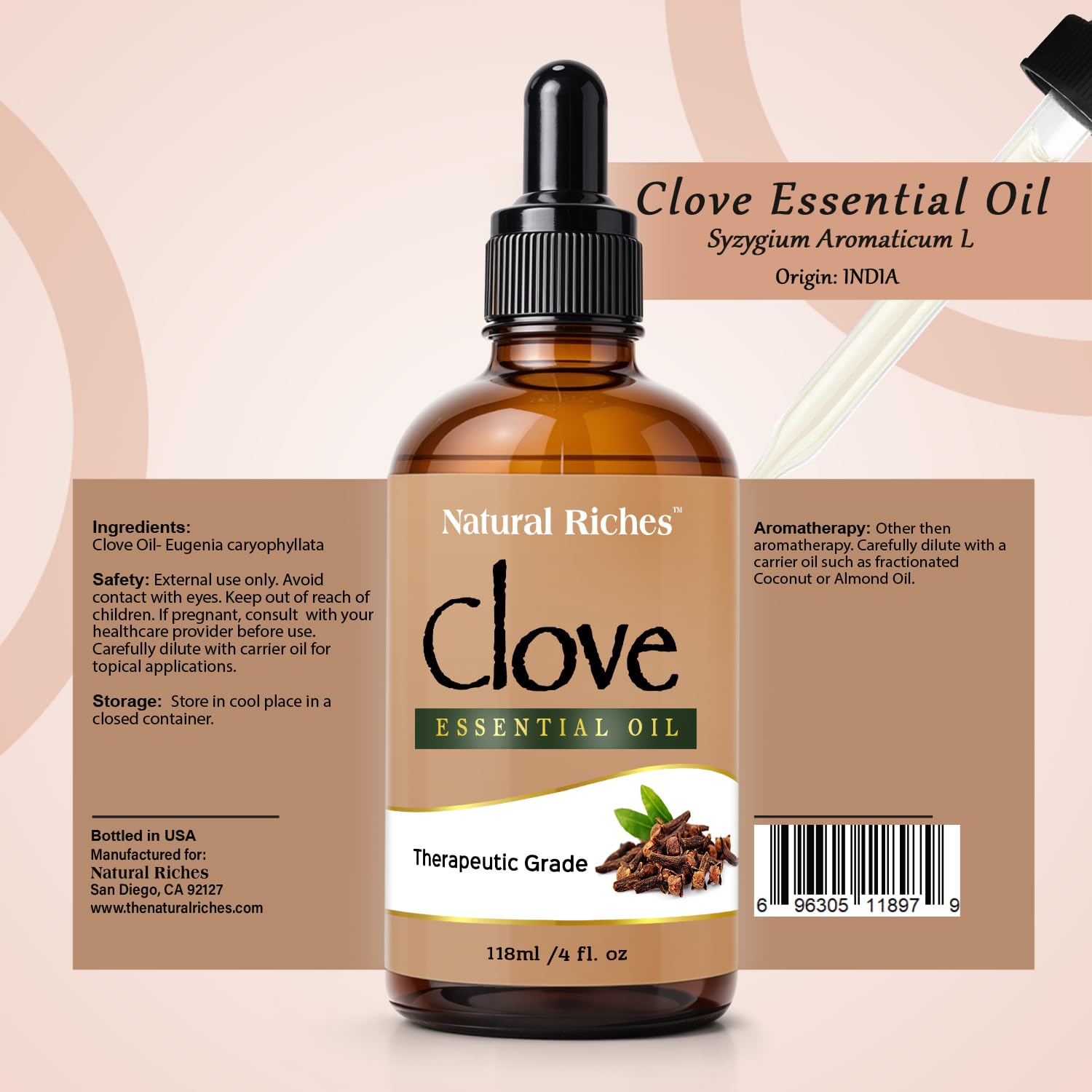 Therapeutic grade clove essential oil label