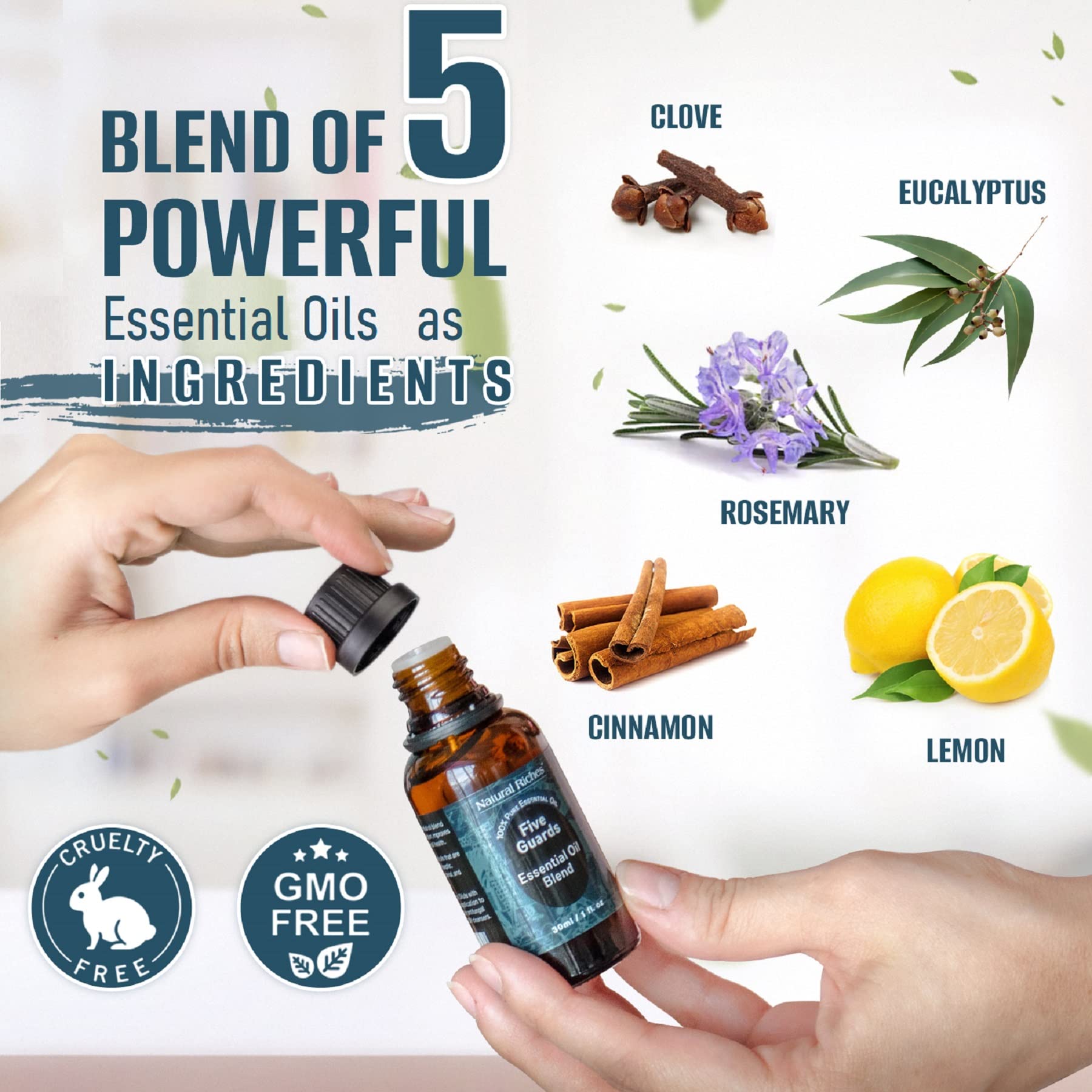 Collage of ingredients: Cinnamon, Clove, Eucalyptus, Lemon, Rosemary