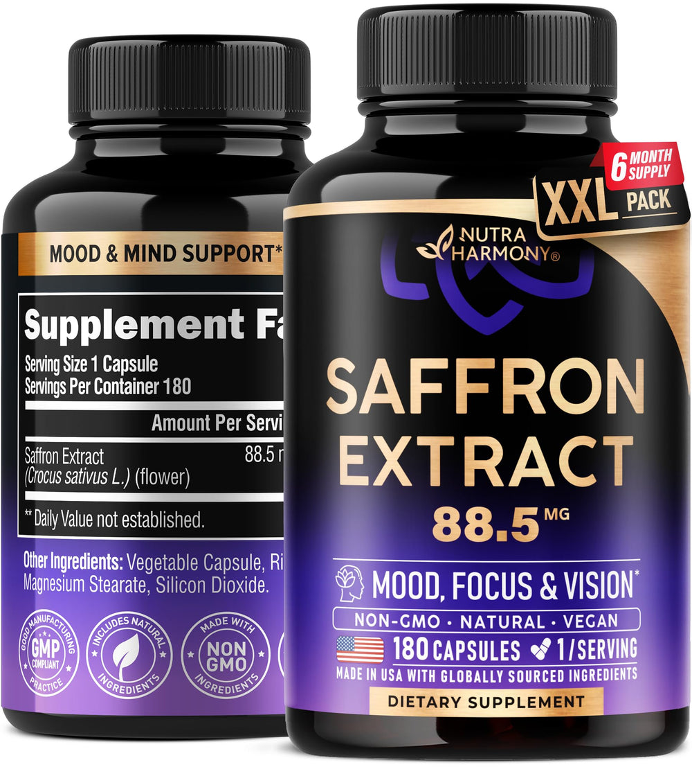 Front view of Natural Saffron Supplements bottle with label