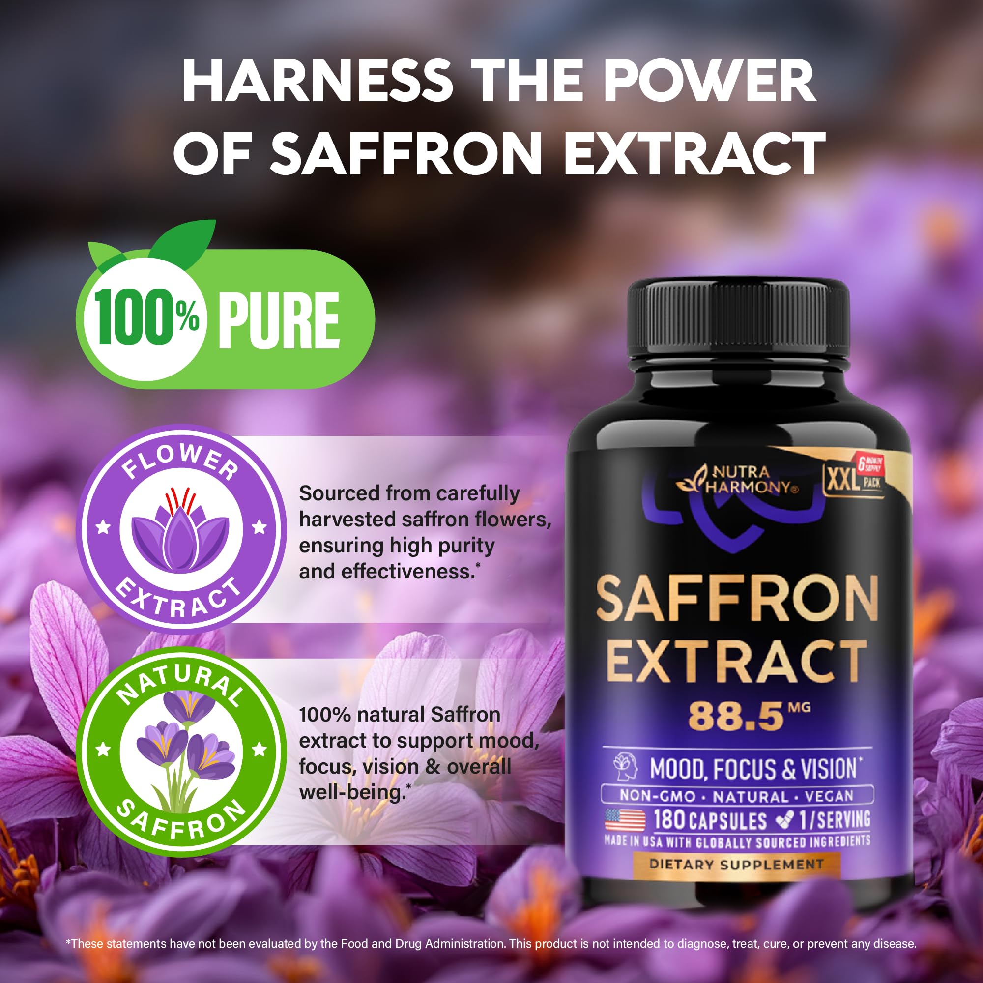 USA-made saffron supplement bottle on clean background