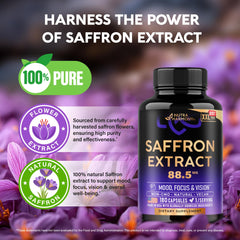 USA-made saffron supplement bottle on clean background
