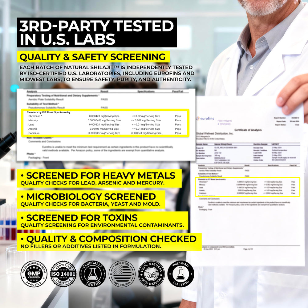 NATURAL SHILAJIT resin COA lab test seal signifies safety and traceability.