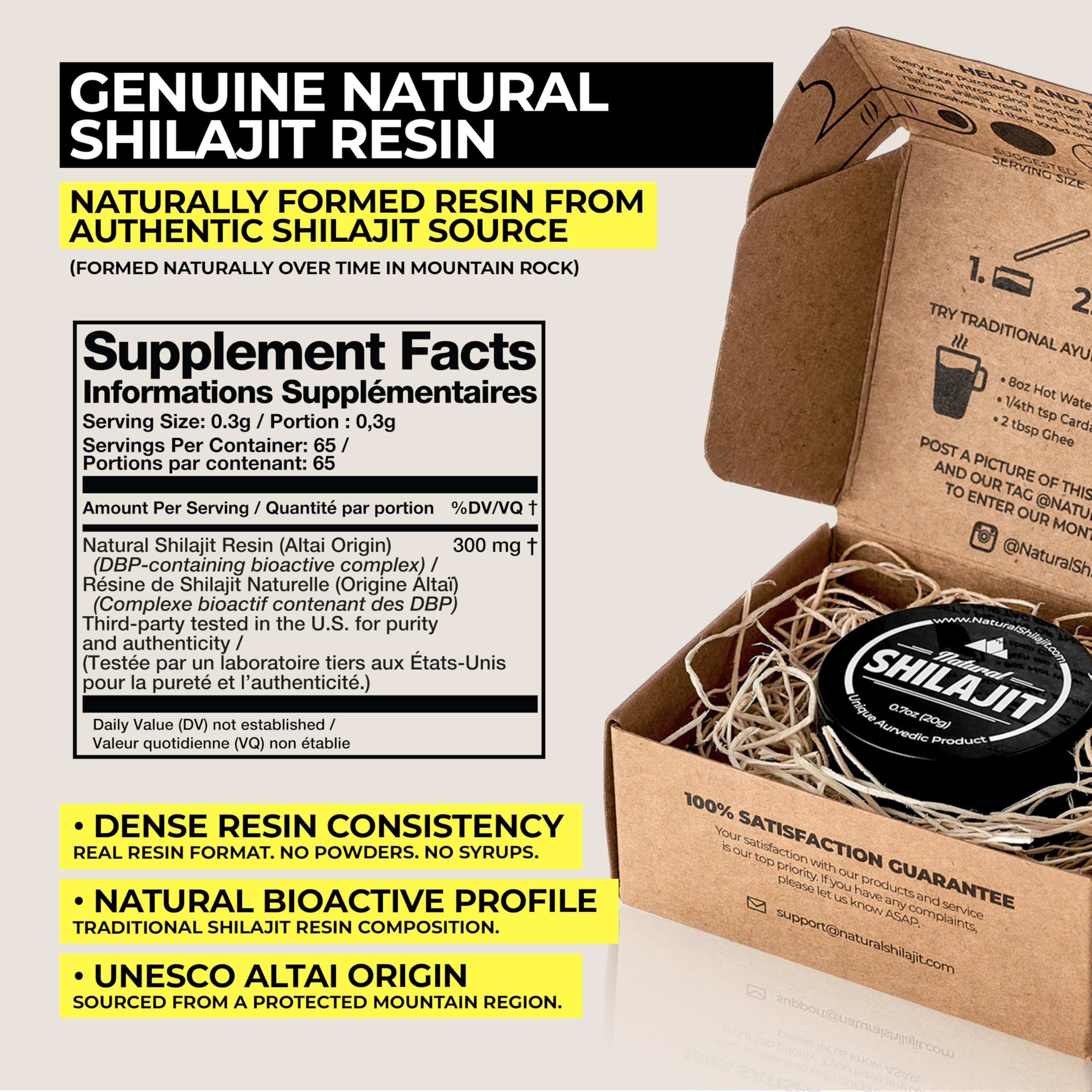 NATURAL SHILAJIT resin packaging emphasizes purity and clear guidance.