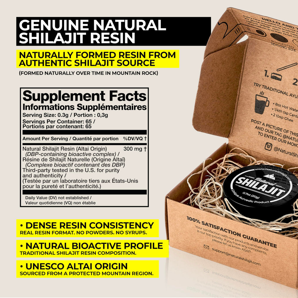 NATURAL SHILAJIT resin packaging emphasizes purity and clear guidance.