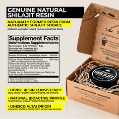 NATURAL SHILAJIT resin packaging emphasizes purity and clear guidance.