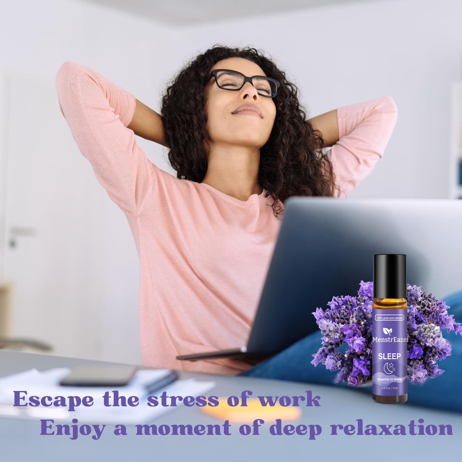 Lavender and citrus ingredients arranged with a roll-on for relaxation