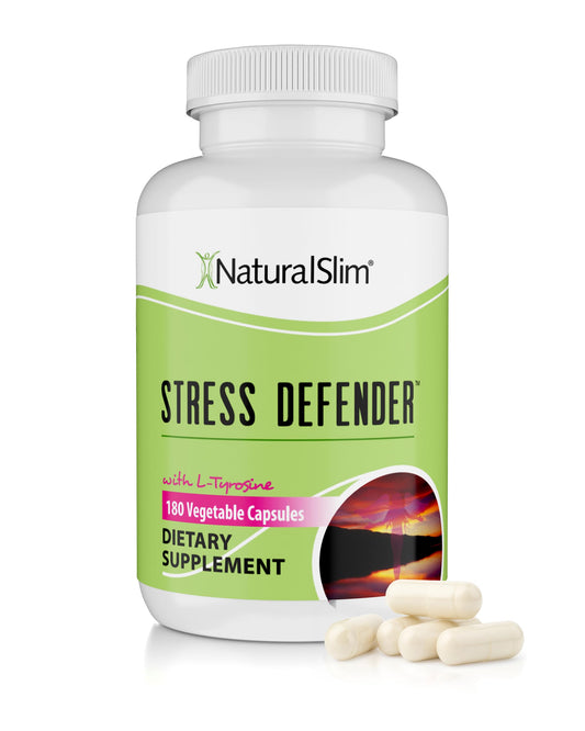 NaturalSlim Stress Defender bottle with 180 vegetable capsules on a clean background